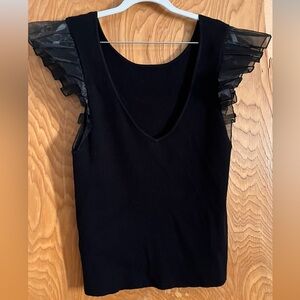 Anthropologie Black Top with Sheer Ruffled Sleeves